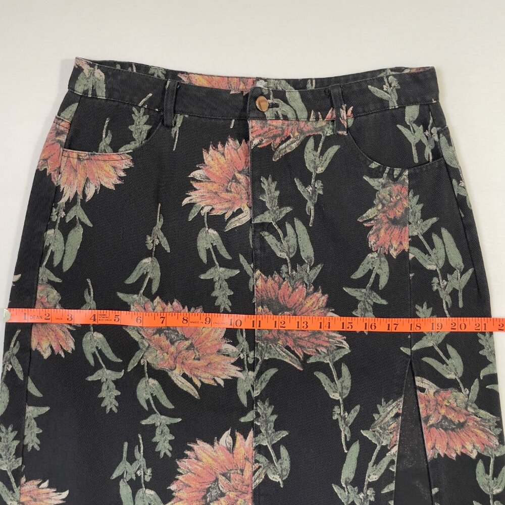 Vintage Lovey U-Dear Floral Midi Skirt Black Sunflower Print Raw Hem Slit Size L - Picture 7 of 14
